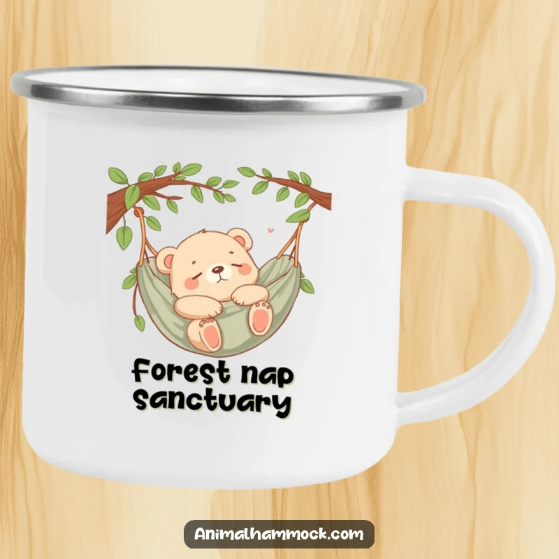 Funny Bear Cub Snooze Camping Mug showing a bear cub napping in a hammock, perfect for outdoor relaxation and a chuckle.