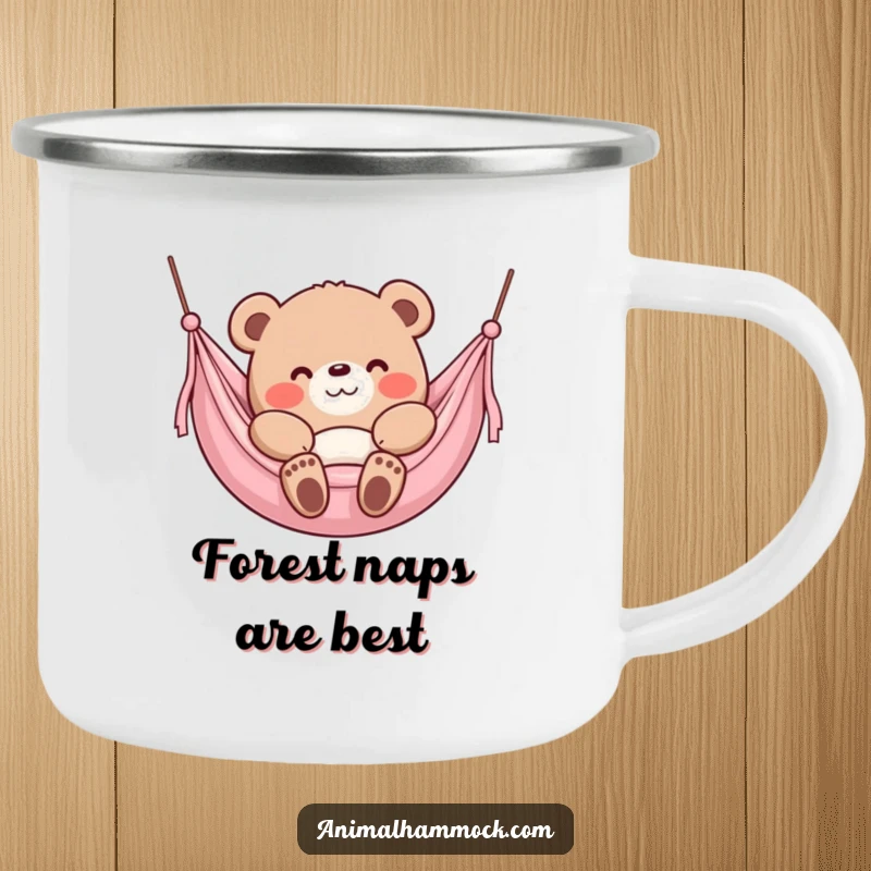 Funny Bear Camping Mug, a content bear character sinking into a plush hammock with a smile, perfect for outdoor drinks.