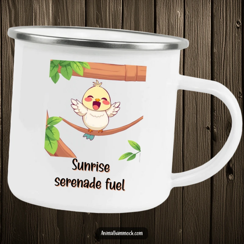 Funny camping mug featuring a delighted bird character perched on the edge of a hammock, perfect for cheerful campers.