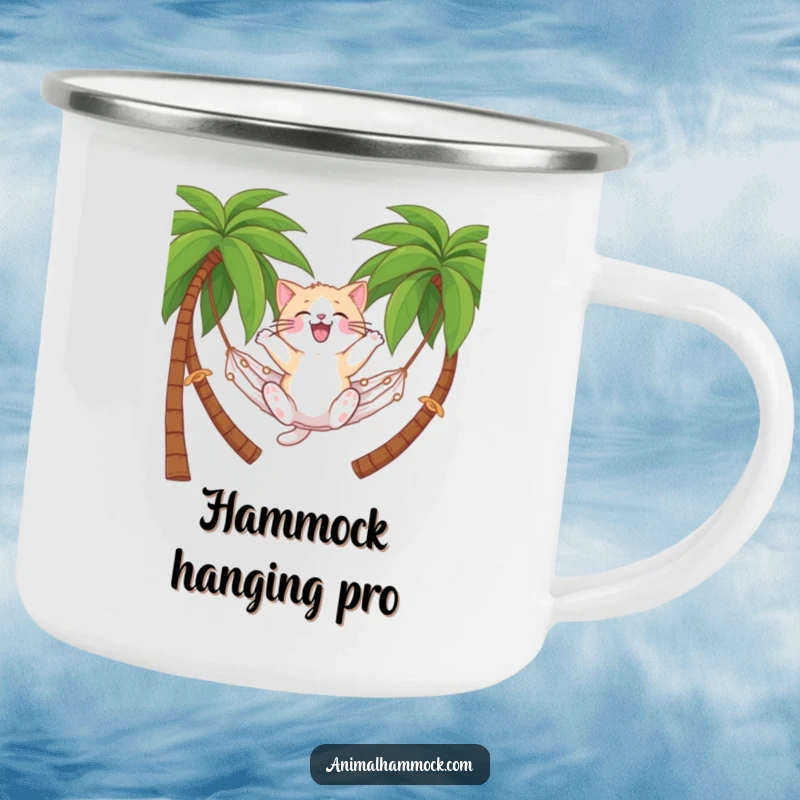 Funny cat camping mug showing a cat on a hammock, perfect for outdoor relaxation and a humorous funny gift.