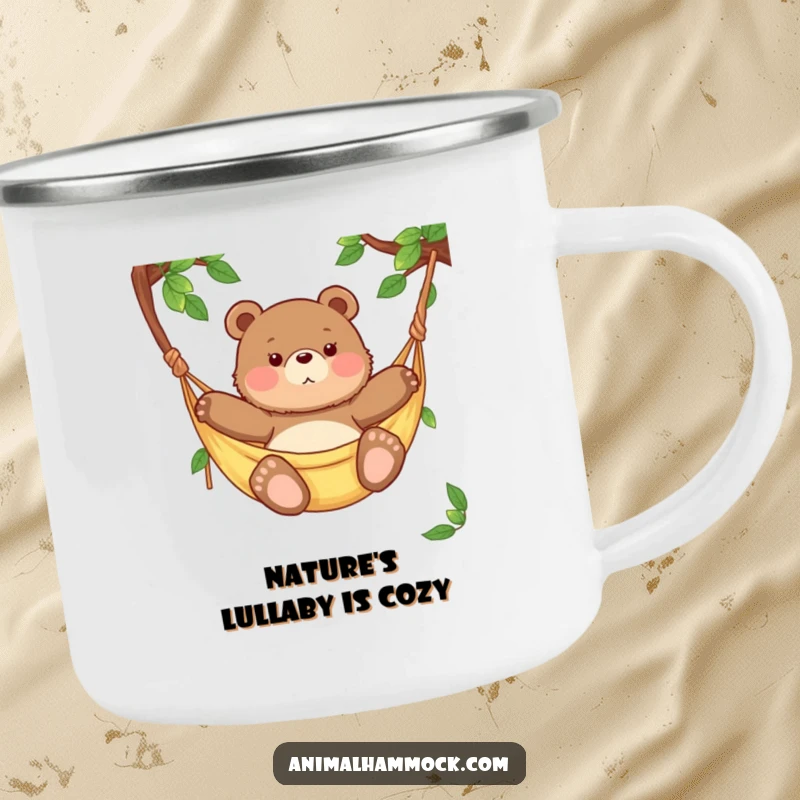 Funny chubby bear cub swaying in a hammock, perfect for a camping mug, combining adventure with humorous relaxation.