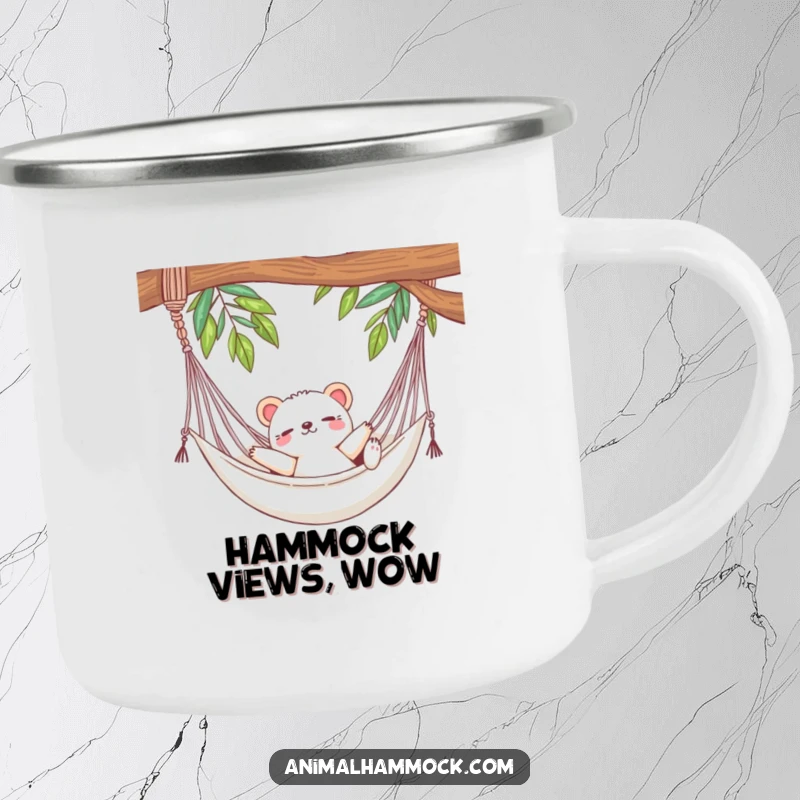 Funny camping mug featuring a cute animal luxuriously stretching in a hammock, bringing a sense of peace and hilarious downtime to your adventures.