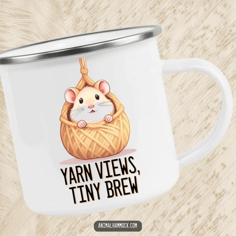 Funny hamster camping mug showing a curious hamster peeking from a tiny hammock made of yarn, perfect for outdoor use, a durable funny gift.