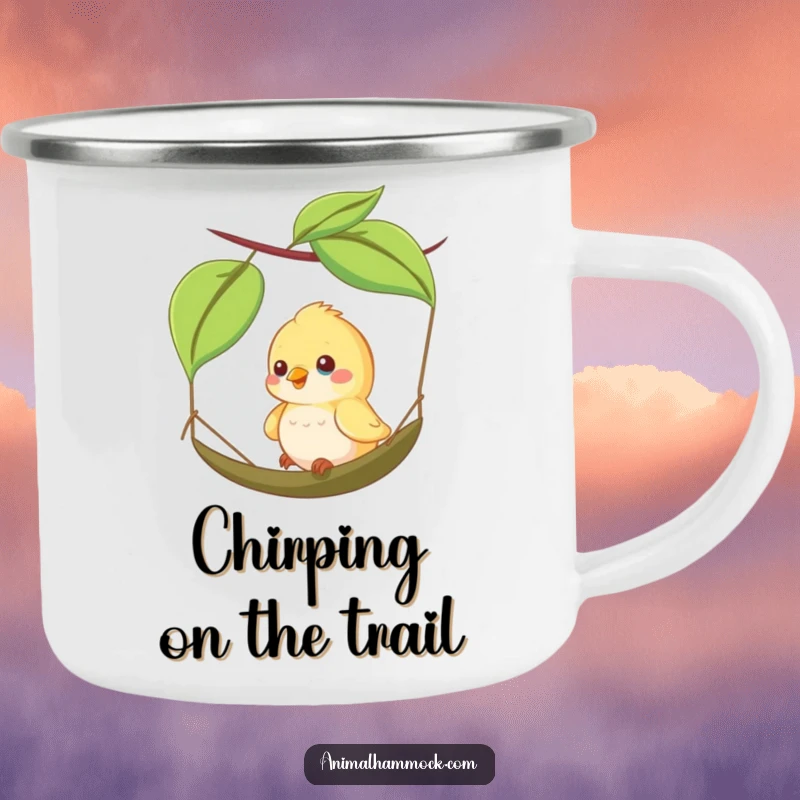 Funny camping mug showing a happy bird swinging on a leaf hammock, perfect for outdoor enthusiasts who appreciate nature's simple joys.