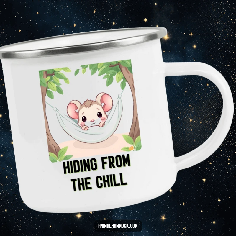 Funny mouse peeking from under a hammock blanket, depicted on a durable camping mug for outdoor adventures.