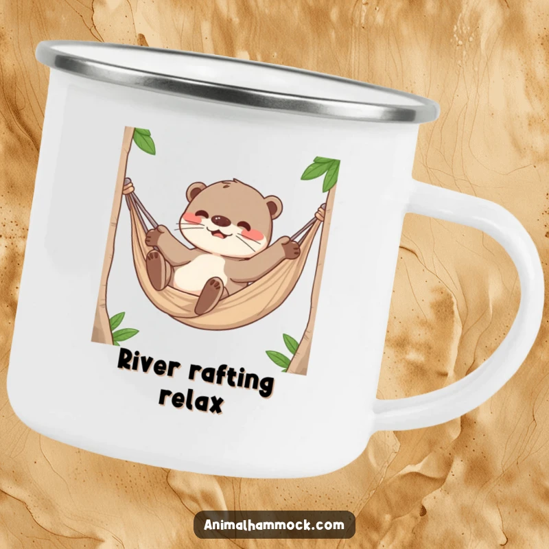 Funny Otter Camping Mug, a playful otter character rolling around happily inside a hammock, perfect for outdoor drinks.