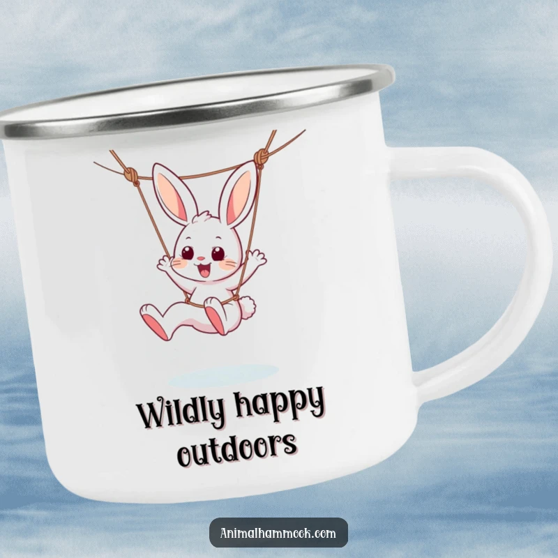 Funny camping mug with a lively bunny character kicking its legs joyfully in a hammock, perfect for outdoor enthusiasts with a sense of humor.