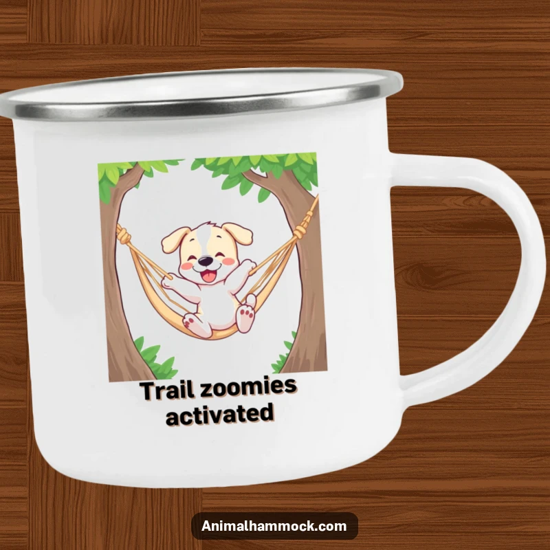 Funny camping mug featuring a playful puppy bouncing in a hammock, merging outdoor spirit with humorous canine joy.