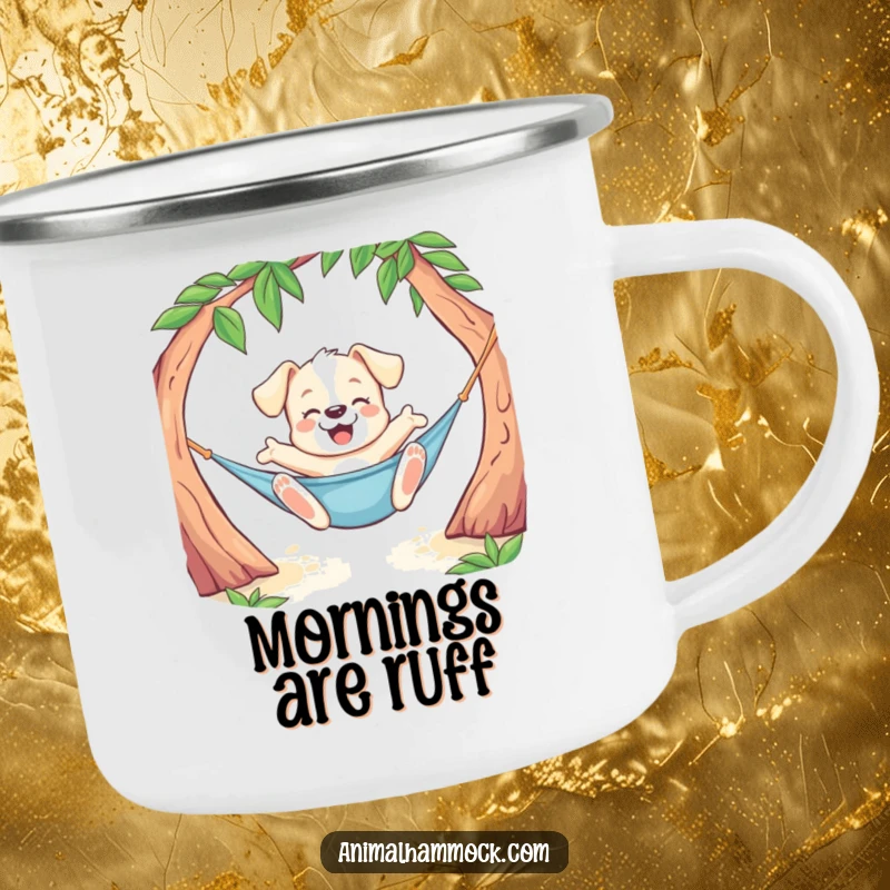Funny Puppy Camping Mug featuring a playful dog doing a joyful stretch while lounging in a hammock, for enjoying drinks outdoors with a smile.