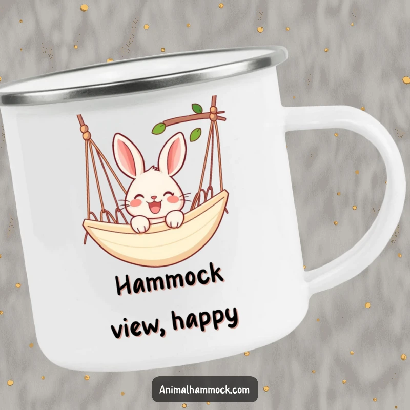Funny rabbit camping mug featuring a joyful rabbit peeking over the edge of a hammock, perfect for relaxing outdoor use.