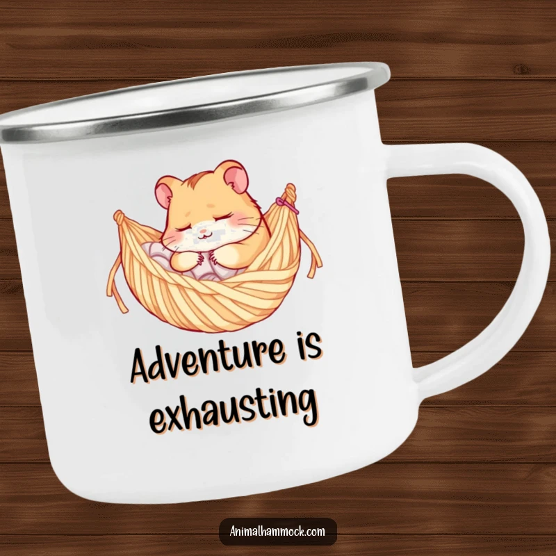 Funny camping mug showing a serene hamster character lounging in a yarn hammock, ideal for outdoor enthusiasts who love humor.