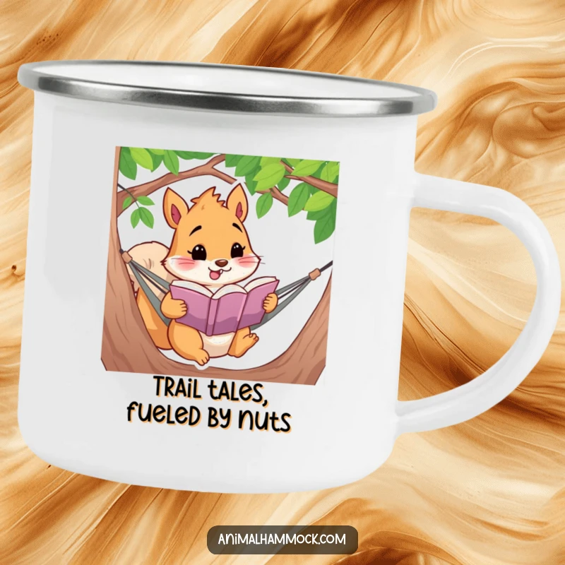 Funny squirrel reading a book in a hammock, depicted on a durable camping mug for outdoor enthusiasts.
