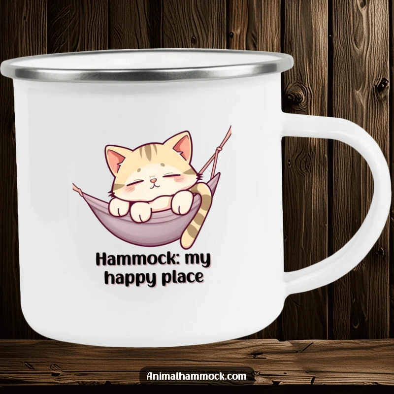 Funny camping mug featuring a sleepy cat relaxing in a hammock, blending outdoor adventure with humorous slothfulness.