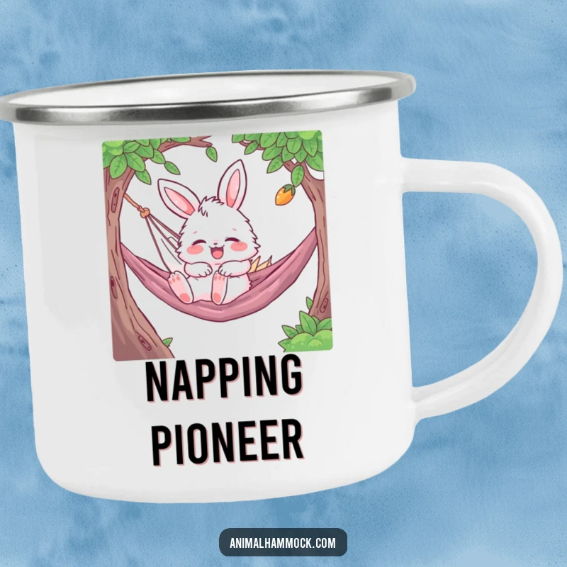 Funny Bunny Camping Mug featuring a fluffy character gleefully bouncing while napping in a hammock, for enjoying drinks outdoors with a smile.