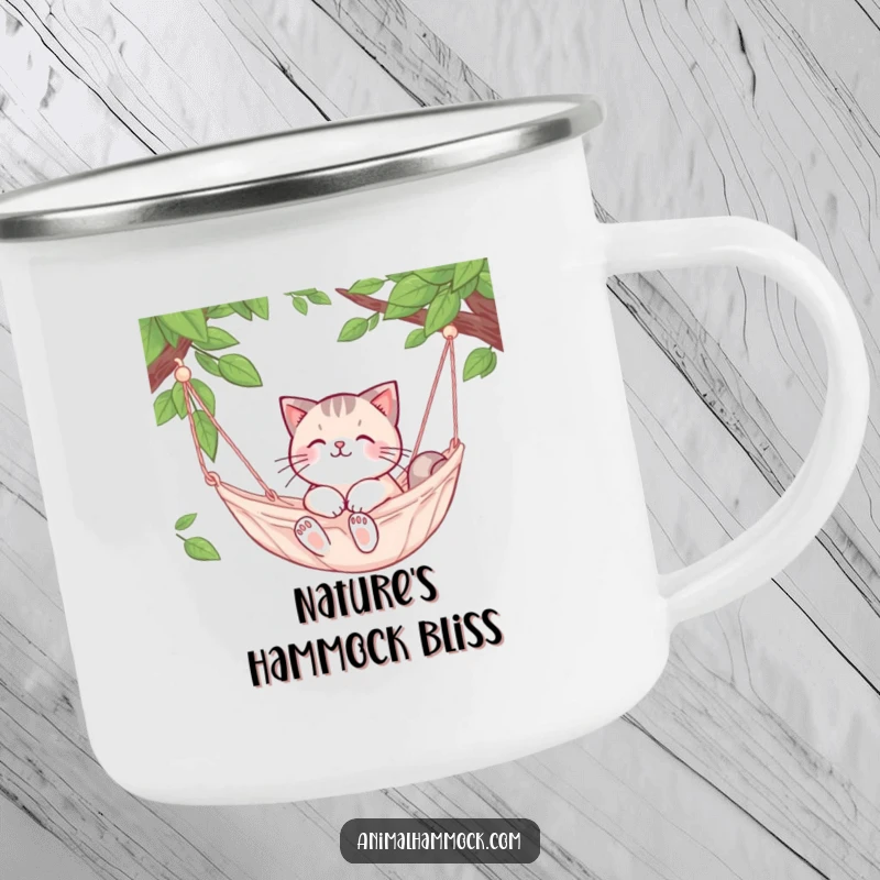Funny Cat Camping Mug: A cute cat character relaxes in a hammock, perfect for outdoor relaxation.
