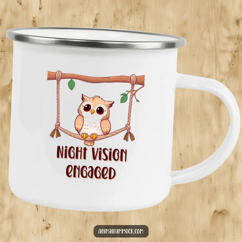 Funny camping mug featuring a curious owl perched on hammock ropes, blending outdoor observation with humorous wisdom.