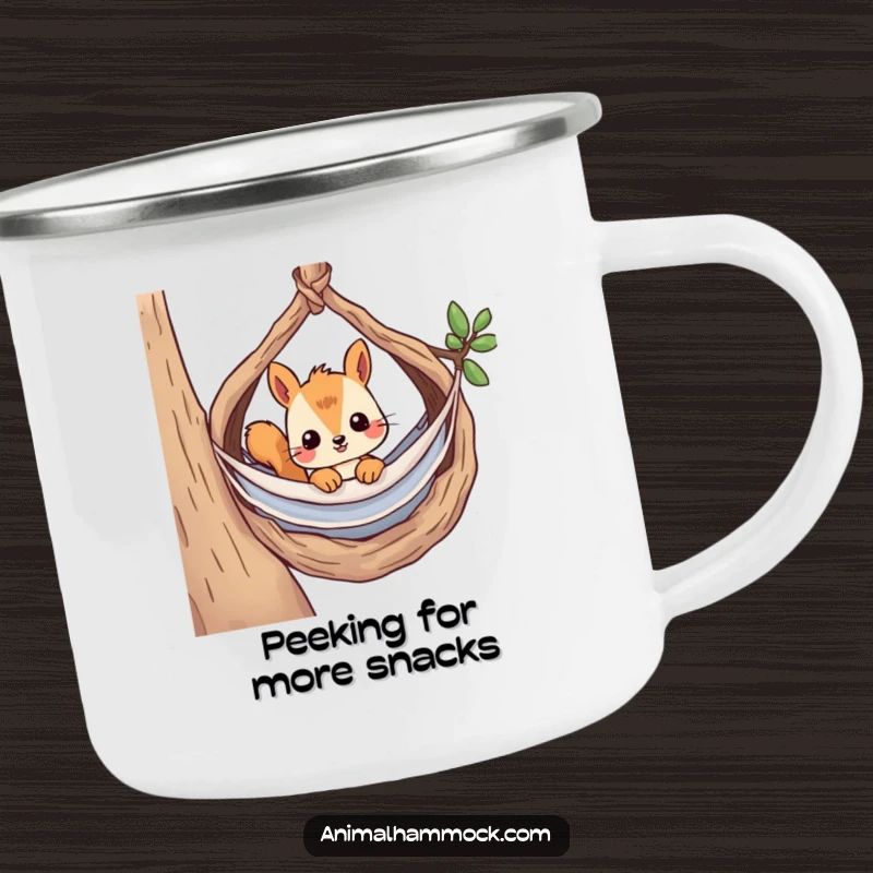 Funny camping mug showing a curious squirrel peeking from its hammock in a nest, perfect for outdoor enthusiasts who love nature.