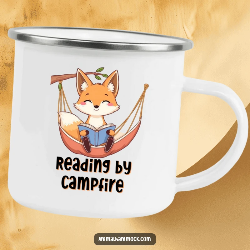 Funny smiling fox with long ears reading a book while relaxing in a hammock, perfect for this camping mug.