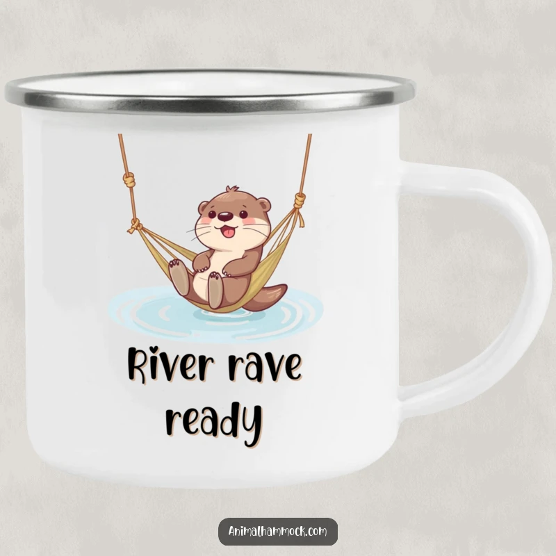Funny camping mug featuring a giggling otter character floating in a hammock tied to water, perfect for water-loving campers.