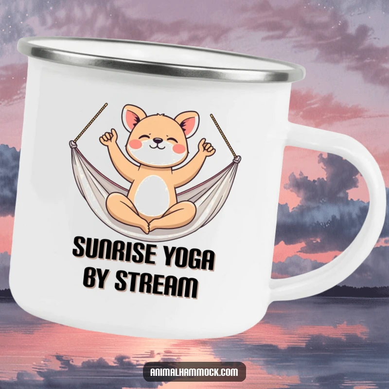 Funny Camping Mug: An athletic animal doing yoga poses in a hammock, perfect for relaxing outdoor moments and mindful adventures.