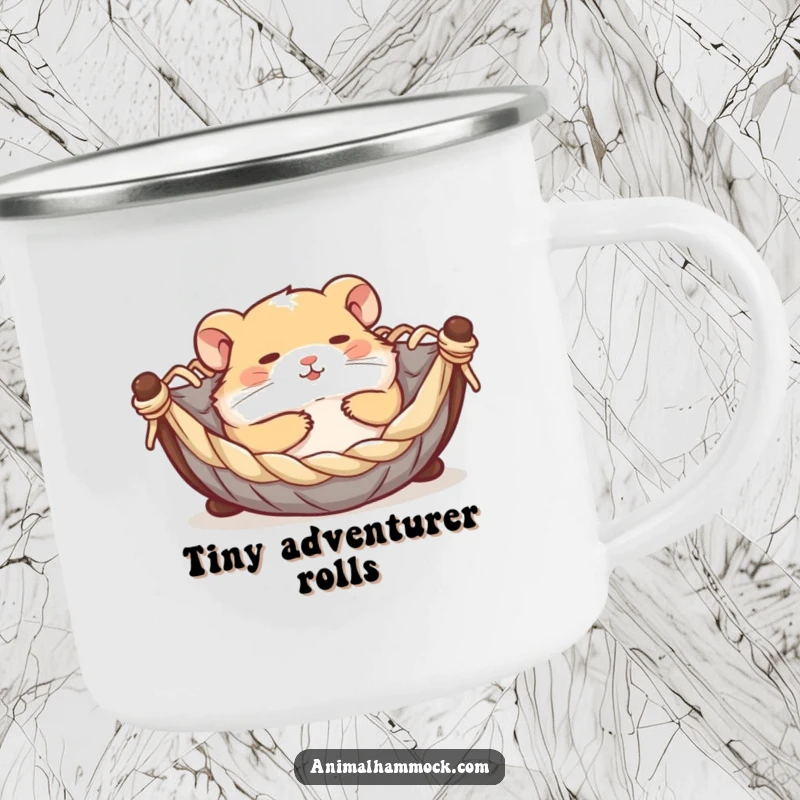 Funny contented hamster rolling joyfully in a miniature hammock, printed on a rugged camping mug, perfect for enjoying beverages during outdoor fun.