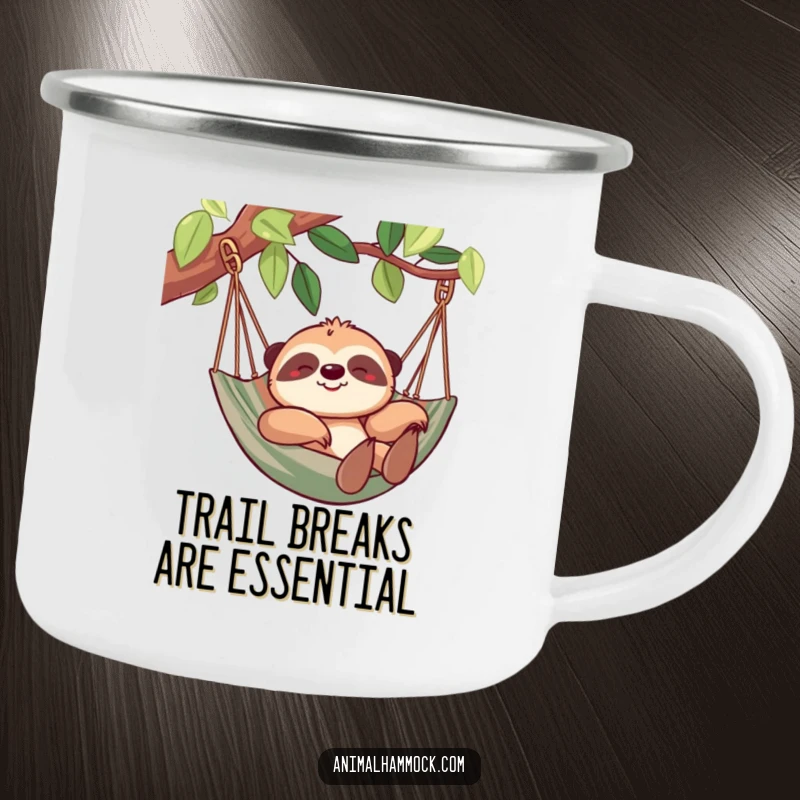 Funny sloth camping mug showing a cheerful sloth lounging in a hammock, perfect for relaxed outdoor adventures. Durable and humorous.