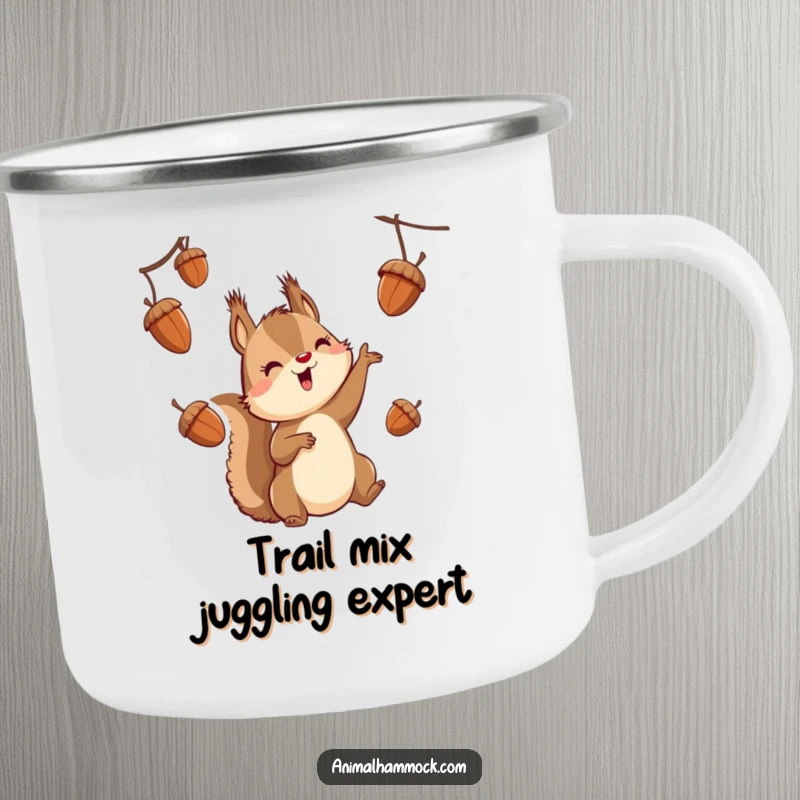 Funny squirrel character juggling acorns while suspended, designed for outdoor adventures on a durable camping mug.