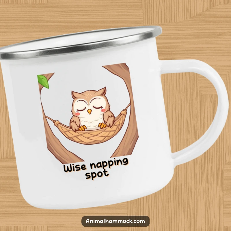 Funny contented owl with closed eyes nestled comfortably in a woven hammock, perfect for this camping mug.