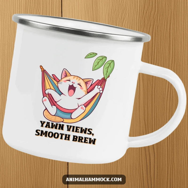 Funny cat camping mug showing a yawning cat stretching languidly in a colorful hammock, perfect for outdoor use, a durable funny gift.