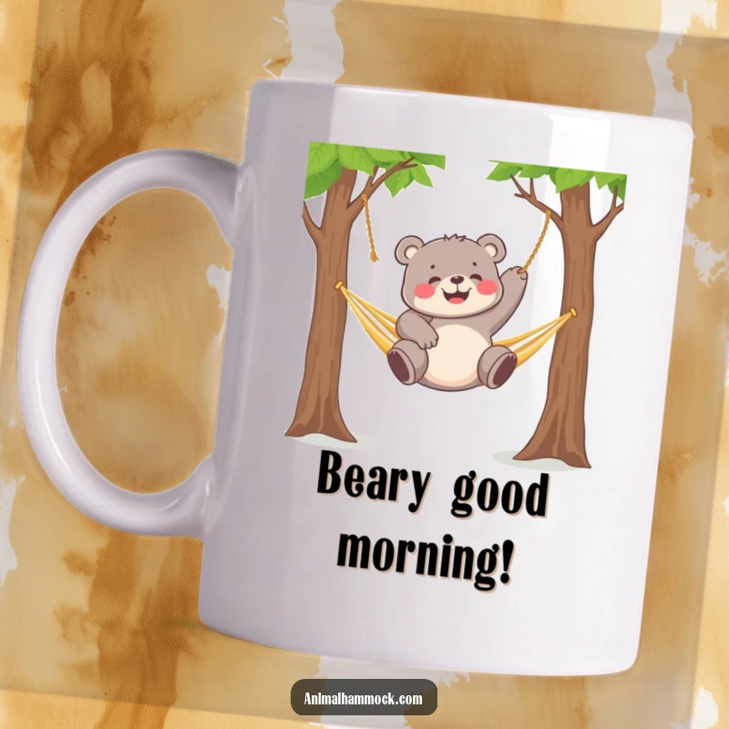 Funny chubby bear cub gleefully dangling from a hammock strung between two trees, captured on this mug.