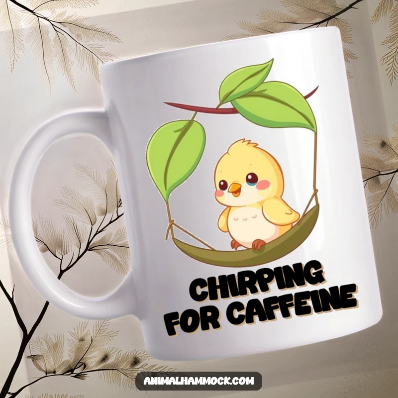 Funny mug featuring a happy little bird character joyfully swinging on a tiny leaf hammock, radiating pure bliss and contentment.