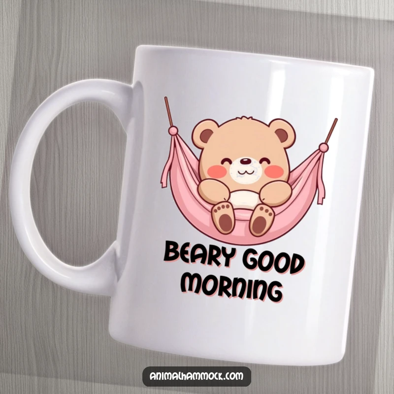Funny Bear Mug, a content bear character sinking into a plush hammock with a smile, embodying ultimate relaxation.
