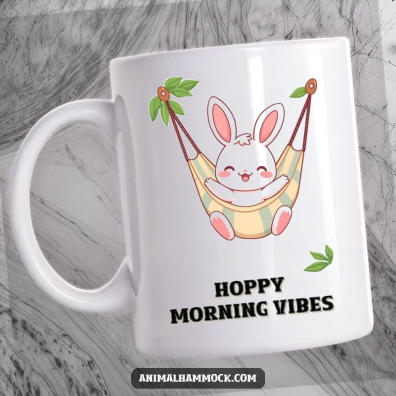 Funny Bunny Mug, a cheerful bunny character bouncing gently in a striped hammock, radiating happiness and playful energy.