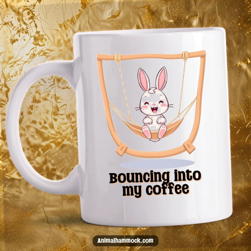 Funny cheerful bunny gently bouncing in a swinging hammock, conveying happiness and lightheartedness on this delightful mug.