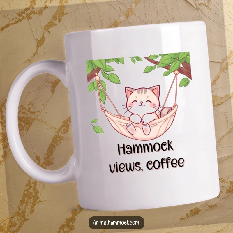 Funny Cat Mug: A cute cat character is happily snuggled in a gently swaying hammock, looking utterly content.