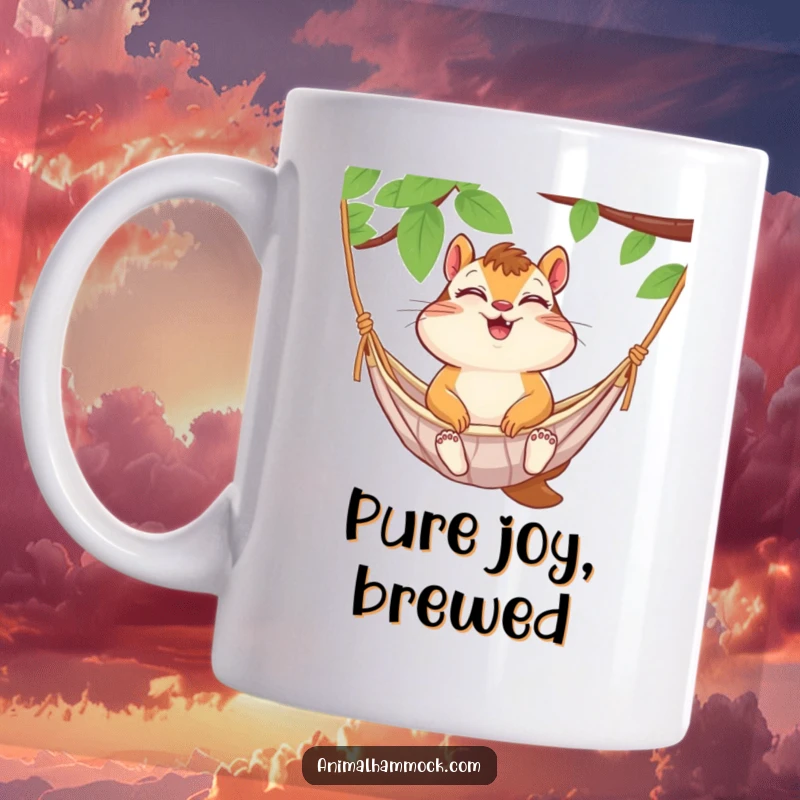Funny chipmunk giggling with closed eyes while riding in a hammock on this mug. A delightful and humorous scene.