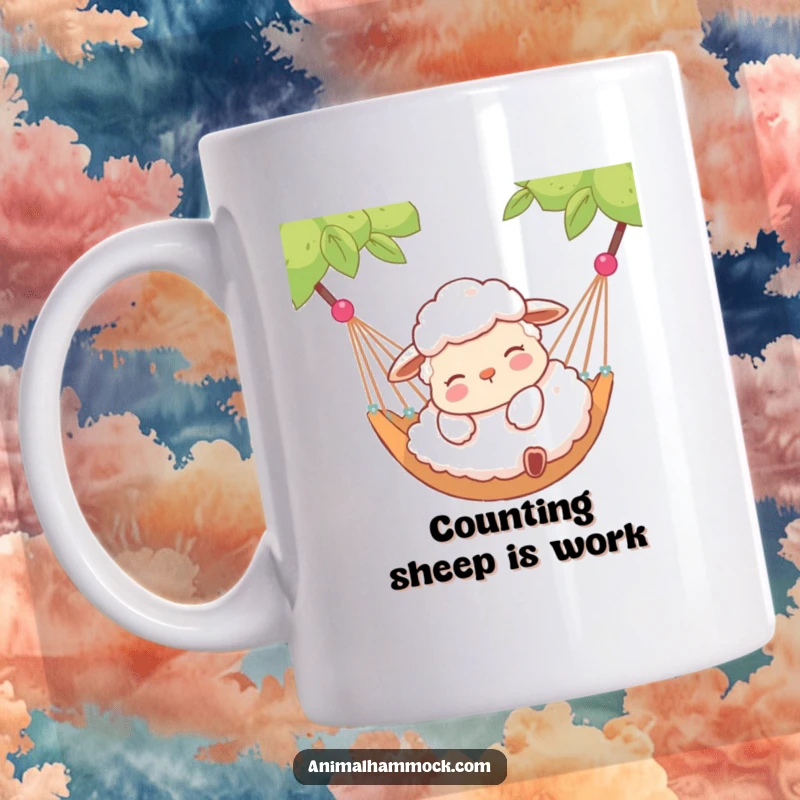 Funny sheep mug depicting a contented sheep lying peacefully in a hammock, radiating serene relaxation and gentle humor.