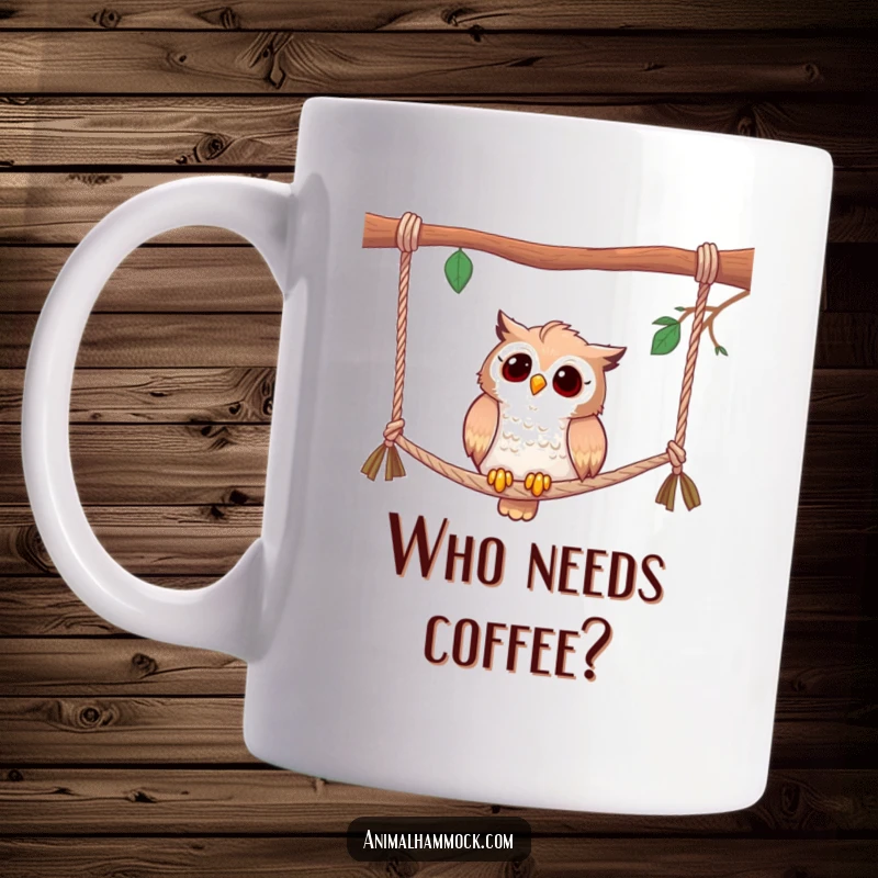 Funny owl mug featuring a curious owl perched on hammock ropes, looking around with an inquisitive and humorous expression.
