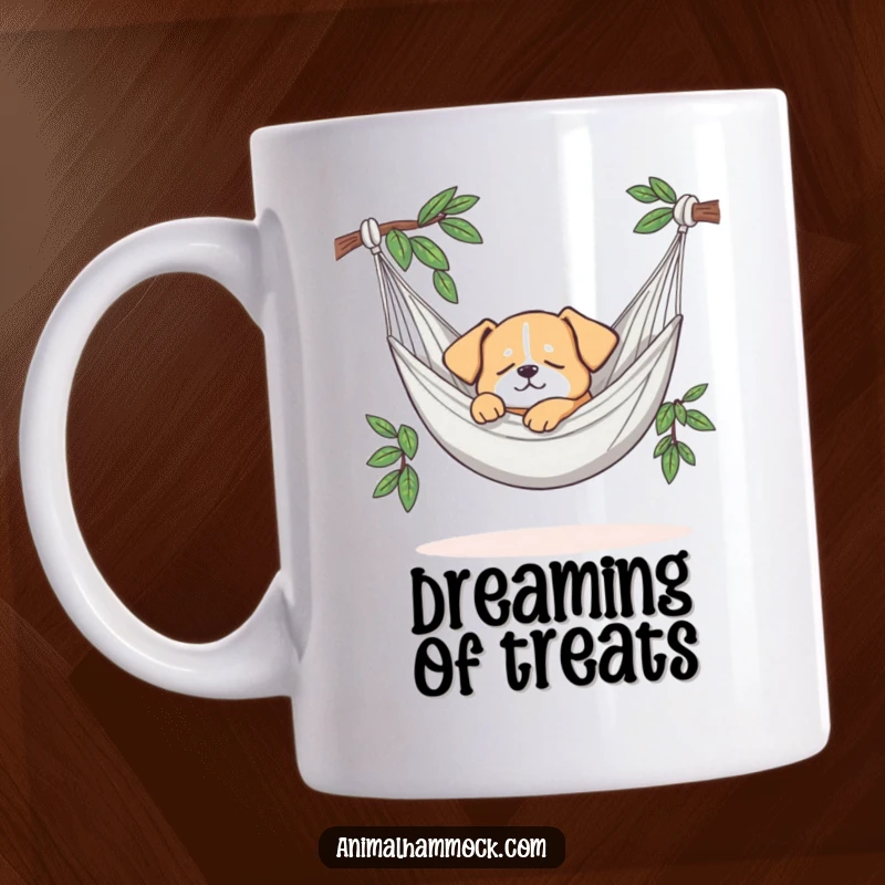 Funny mug showing a small dog blissfully sleeping soundly in a comfortable hammock, embodying ultimate relaxation. Great gift.