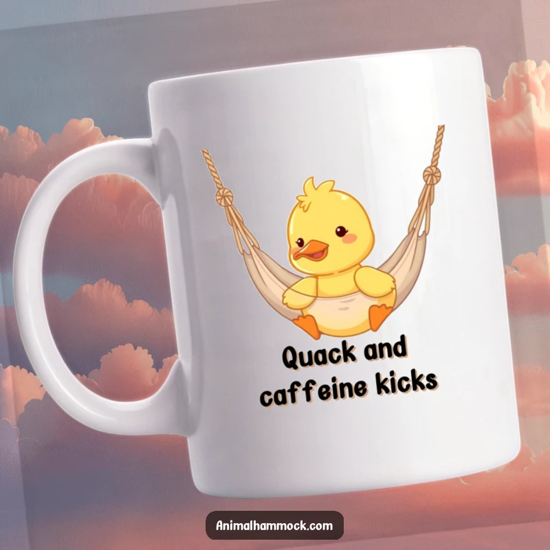 Funny duckling in a hammock, joyfully bouncing with ruffled feathers, perfect for a cheerful gift.