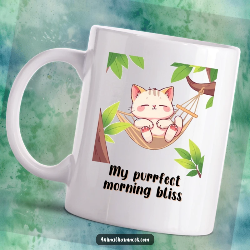 Funny Cat Mug, a euphoric cat lounging deeply in a swaying hammock, embodying pure relaxation and chill vibes.
