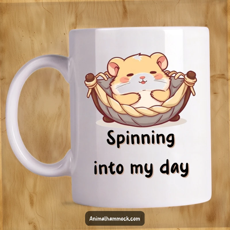 Funny contented hamster rolling joyfully in a miniature hammock, printed on a mug, capturing pure happiness and playful fun.
