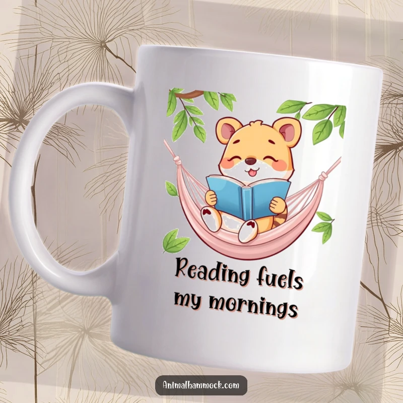 Funny mug showing a happy animal engrossed in reading a book while comfortably lounging in a hammock, embodying intellectual bliss.