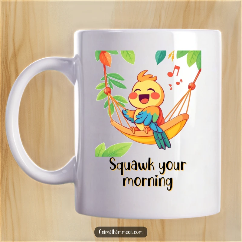 Funny joyous parrot singing loudly from a brightly colored hammock, printed on a mug, capturing a moment of musical celebration and tropical fun.