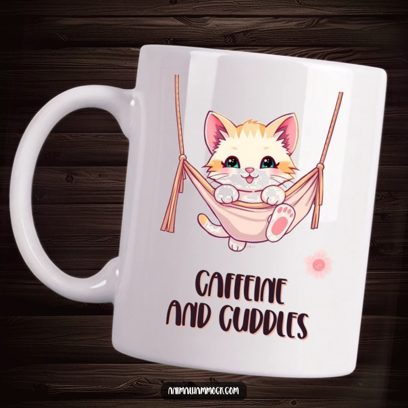 Funny kitten mug of a playful kitten happily dangling from a hammock, showcasing mischievous joy. A cute and funny gift.