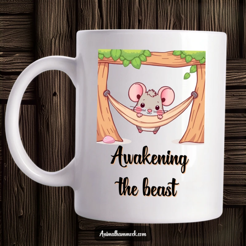 Funny mug showing a determined mouse character cautiously peeking out from beneath a hammock, full of curiosity.