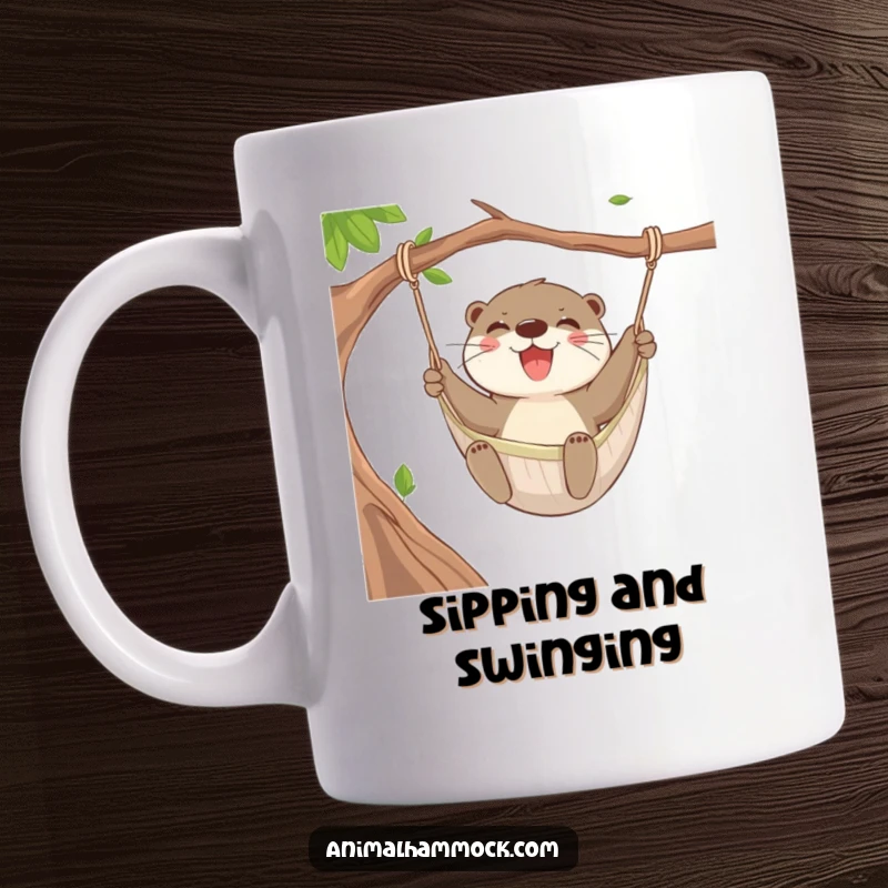 Funny Otter Hammock Mug depicting a joyful otter enthusiastically swinging back and forth in a hammock.