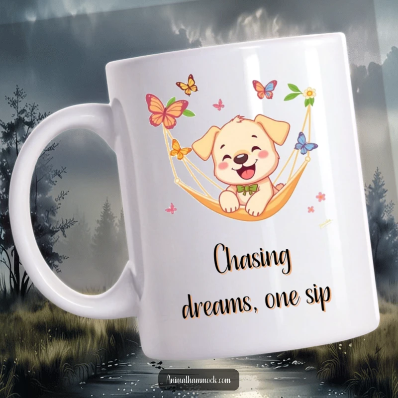 Funny Puppy Mug: A smiling puppy joyfully chasing butterflies near a hammock, embodying pure happiness and playful energy, a great funny gift.