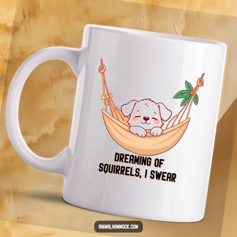 Funny puppy character blissfully napping in a swaying hammock, conveying ultimate relaxation and happiness on a coffee mug.