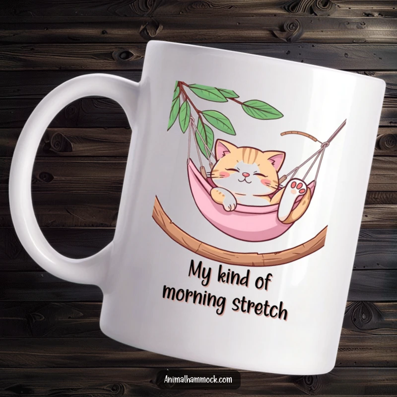 Funny Cat Mug: A relaxed cat stretching luxuriously in a hammock, embodying pure leisure and comfort, a humorous gift for cat lovers.